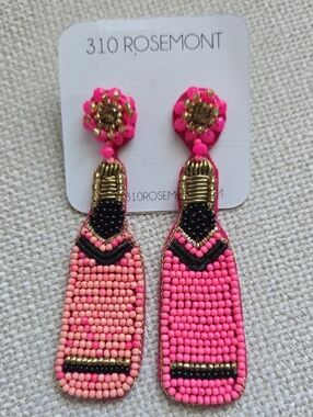 Champagne Bottle Pink Beaded Drop Earrings with Gold Accents